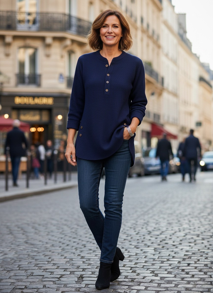 Waffle Knit Henley Tunic Top – Long Sleeve Relaxed Fit
