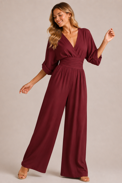 Wide-Leg Wrap Jumpsuit – V-Neck High-Waist Kimono Sleeve