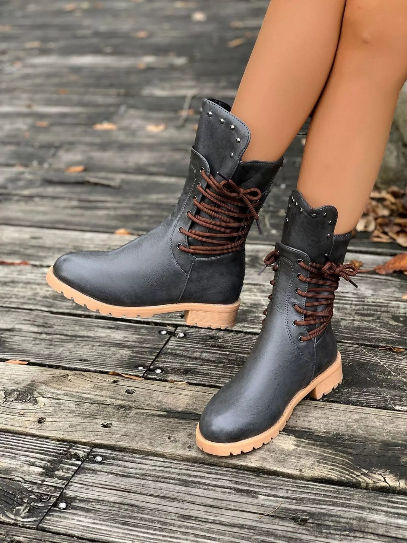 Lace-Up Mid-Calf Combat Boots – Studded Lug Sole Block Heel