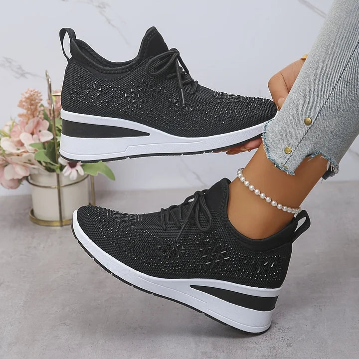 Rhinestone Knit Wedge Sneakers – Lace-Up Casual Platform Shoes