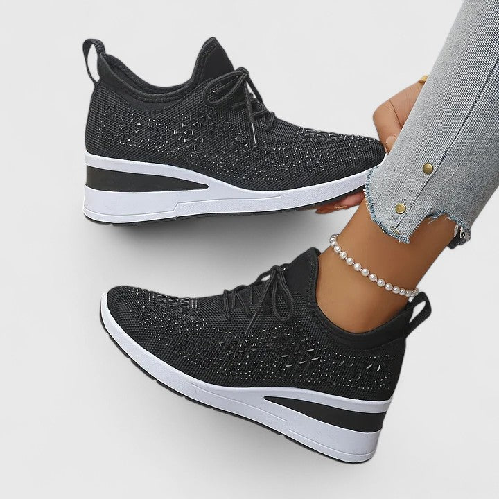 Rhinestone Wedge Sneakers – Women's Knit Lace-Up Platform Shoes