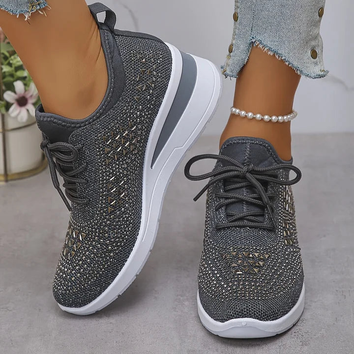 Rhinestone Knit Wedge Sneakers – Lace-Up Casual Platform Shoes