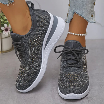 Rhinestone Knit Wedge Sneakers – Lace-Up Casual Platform Shoes