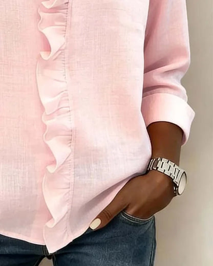 Ruffle V-Neck Long Sleeve Blouse – Relaxed Fit Casual Top