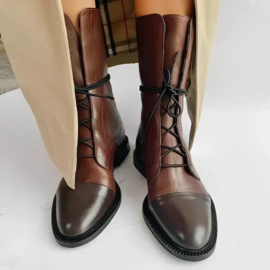 Leather Lace-Up Mid-Calf Boots – Cap-Toe Flat Women's Boots