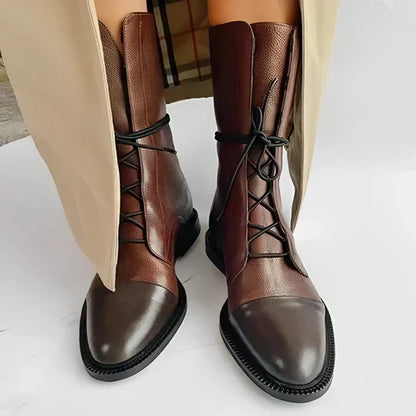 Leather Lace-Up Mid-Calf Boots – Cap-Toe Flat Women's Boots
