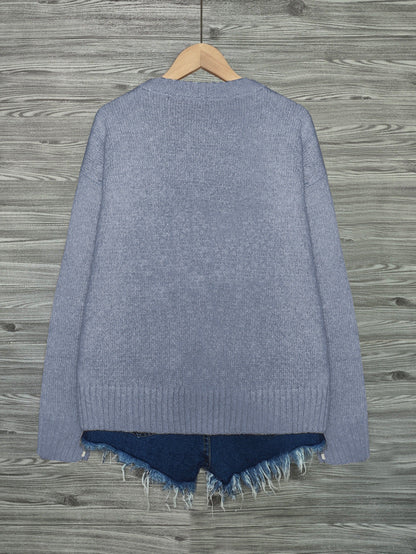 Cat Print Knit Pullover Sweater – Crewneck Relaxed Fit Long Sleeve