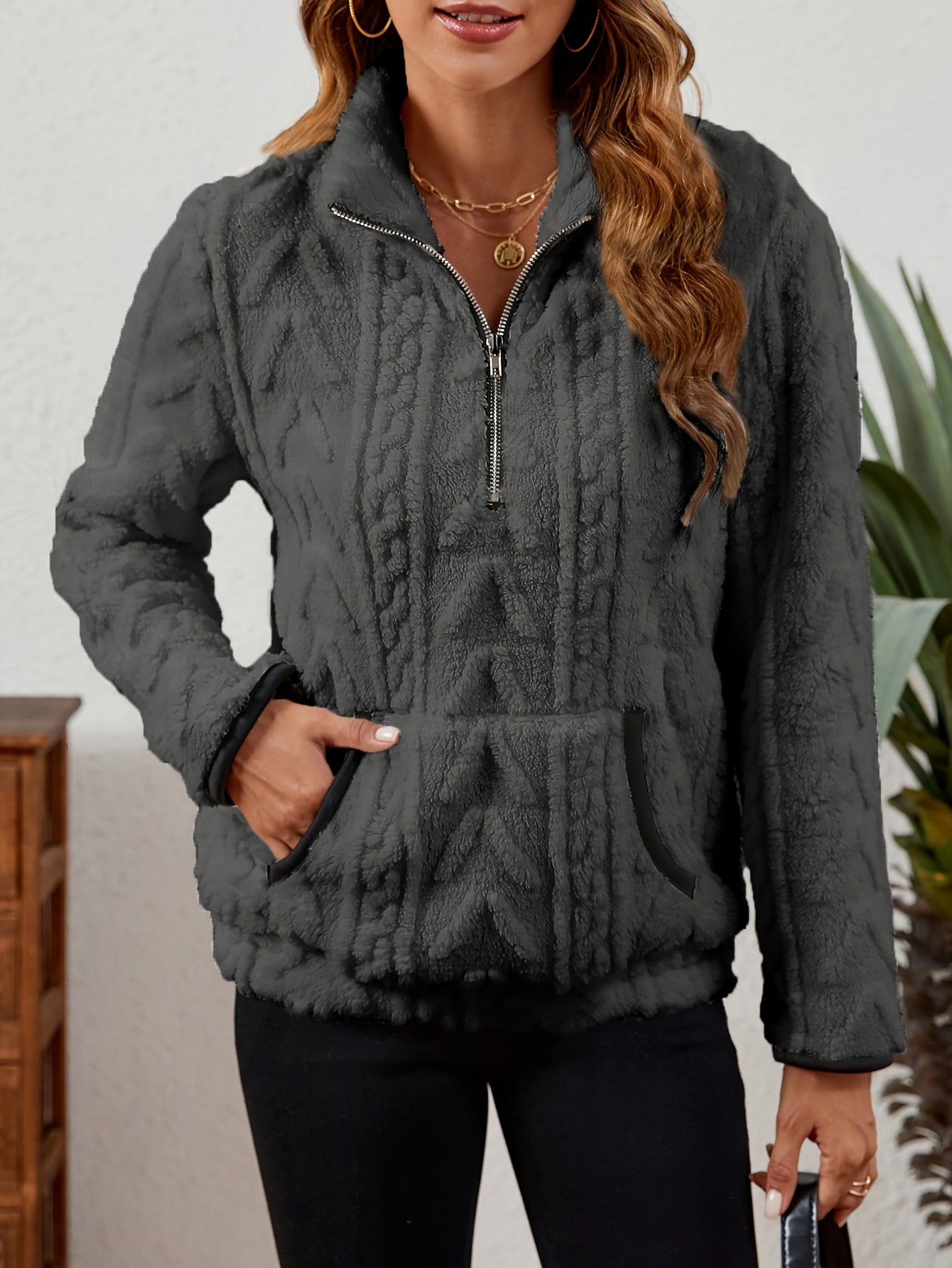 Sherpa Fleece Half-Zip Pullover – Textured Long Sleeve with Kangaroo Pocket