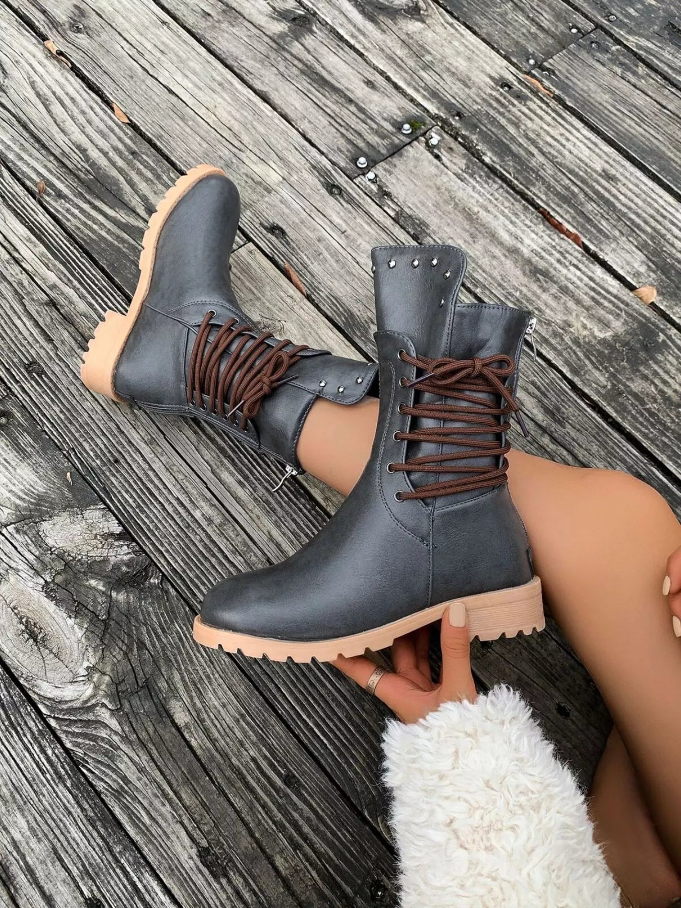 Lace-Up Mid-Calf Combat Boots – Studded Lug Sole Block Heel