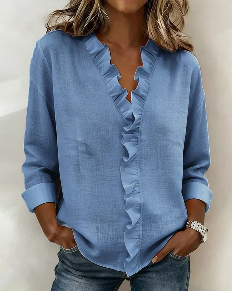 Ruffle V-Neck Long Sleeve Blouse – Relaxed Fit Casual Top