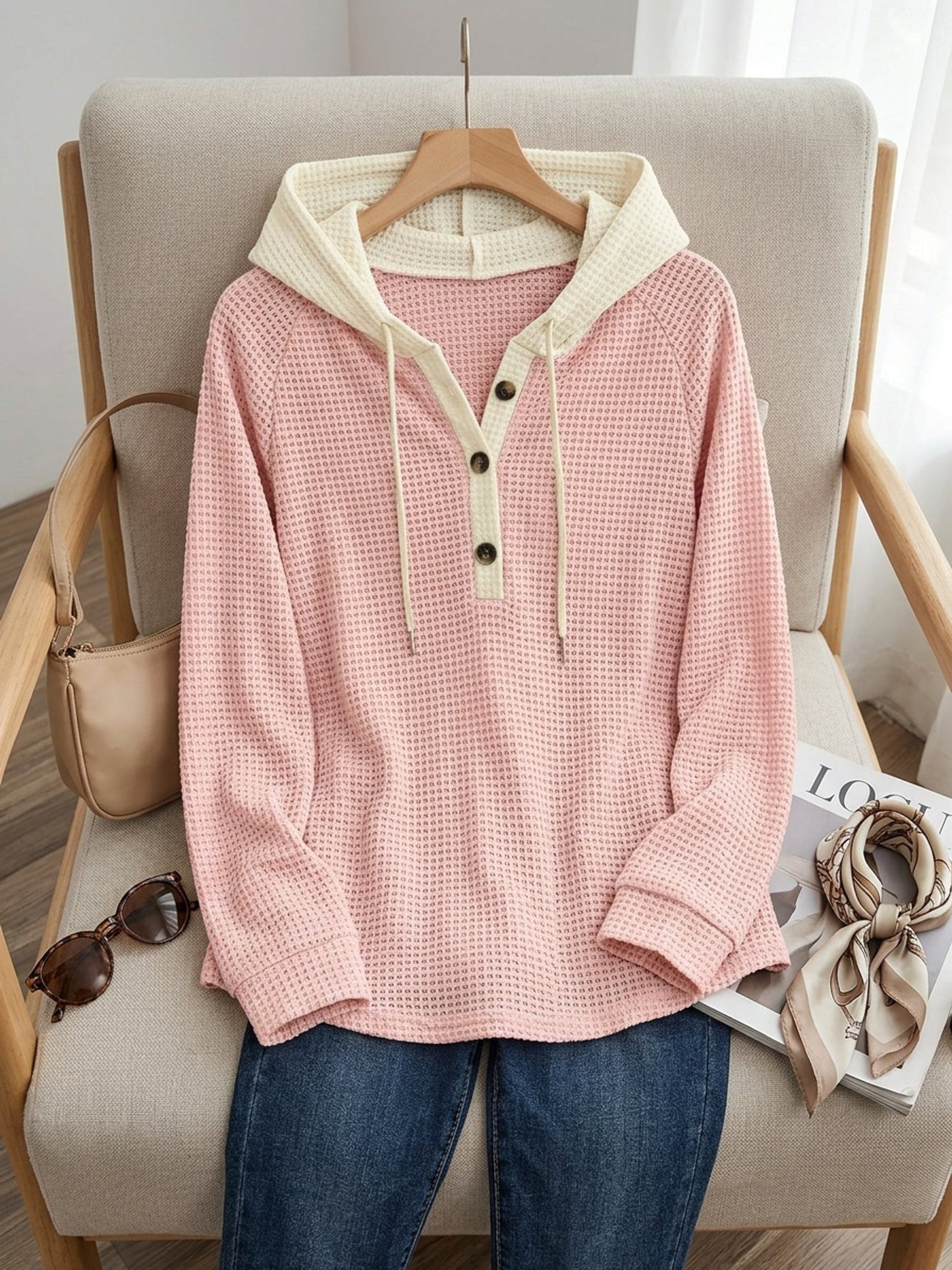 Waffle Knit Hoodie Top – Color Block Henley Long Sleeve