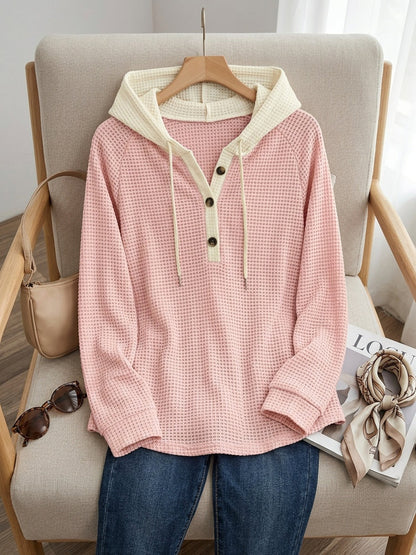 Waffle Knit Hoodie Top – Color Block Henley Long Sleeve