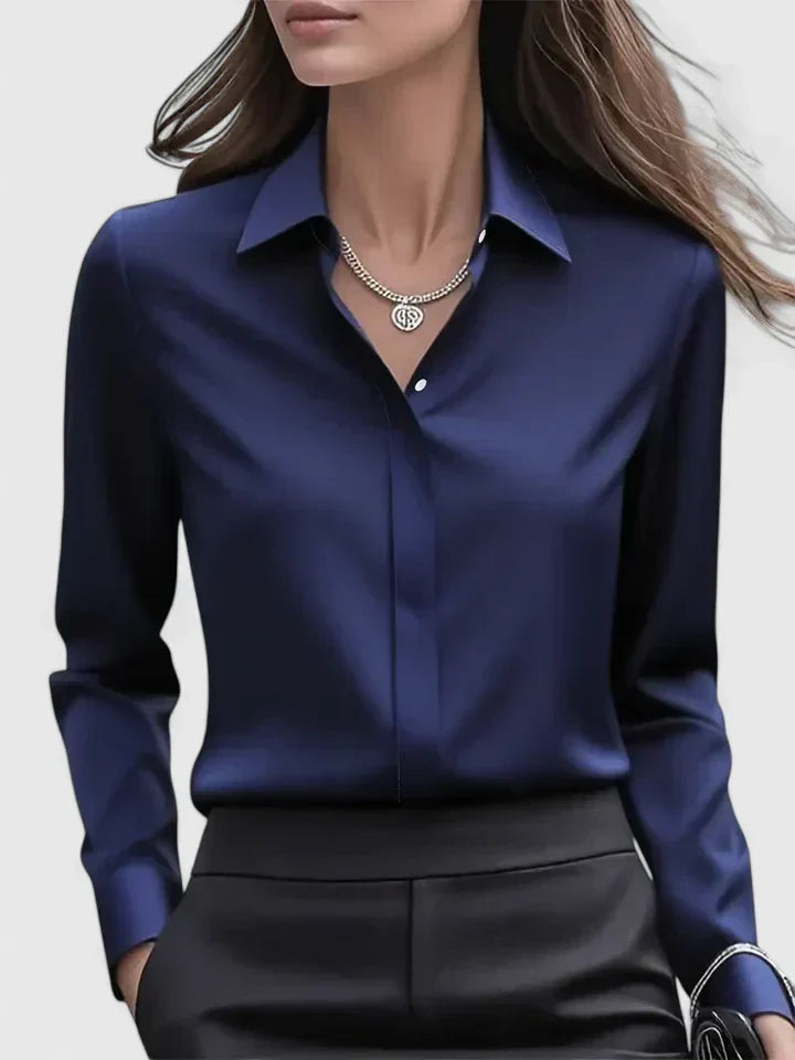 Satin Button-Down Blouse – Long Sleeve Hidden Placket Work Top