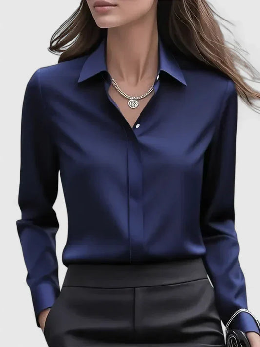 Satin Button-Down Blouse – Long Sleeve Hidden Placket Work Top