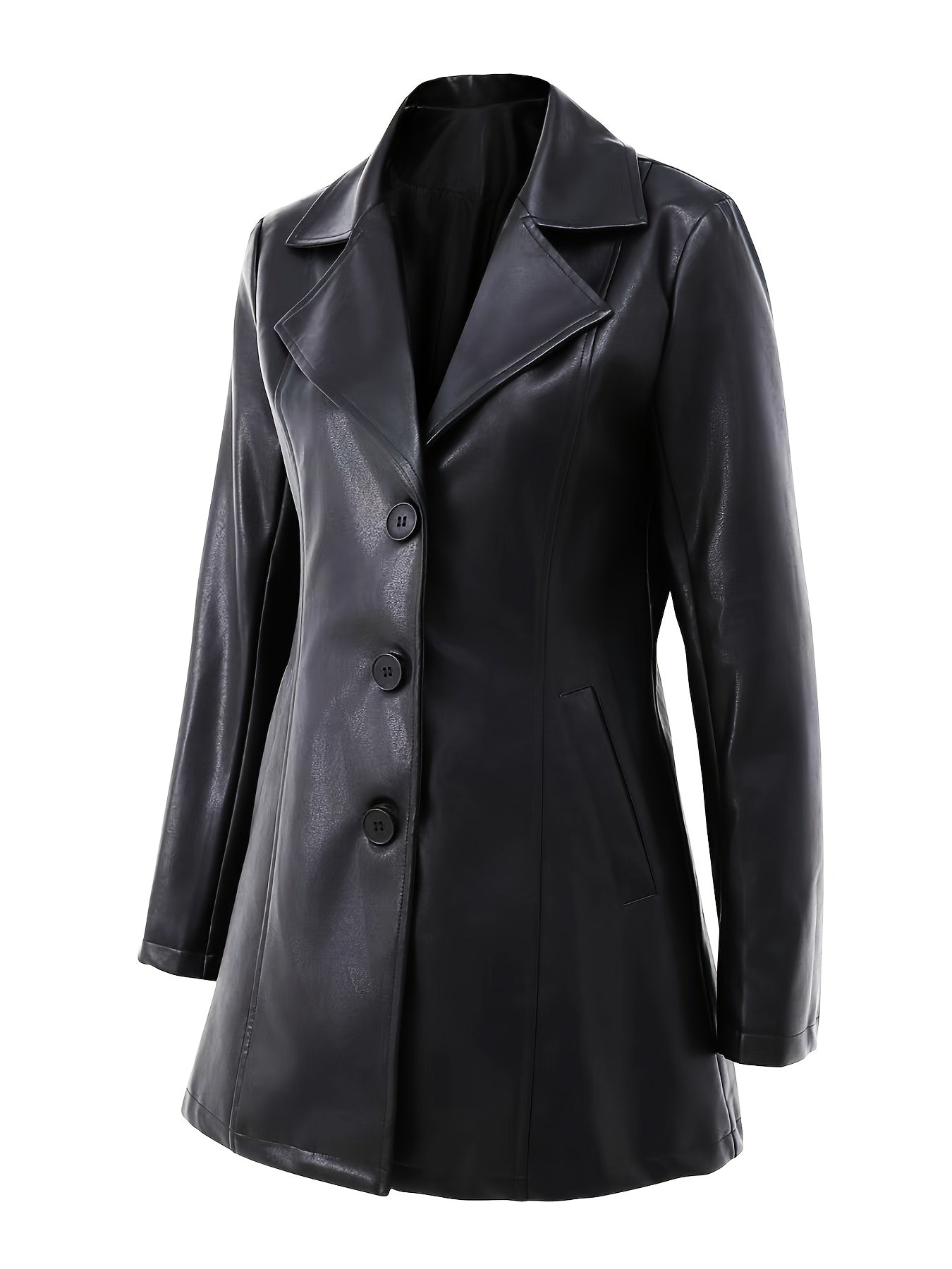 Black Faux Leather Trench Coat – Single-Breasted Mid-Length Slim Fit