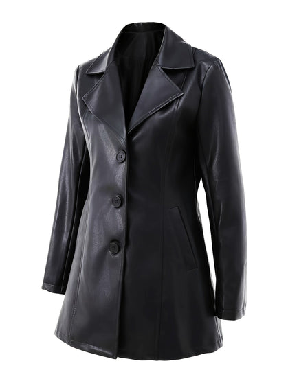 Black Faux Leather Trench Coat – Single-Breasted Mid-Length Slim Fit