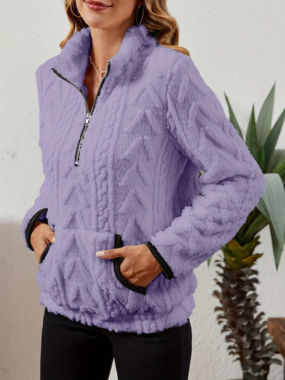 Sherpa Fleece Half-Zip Pullover – Textured Long Sleeve with Kangaroo Pocket