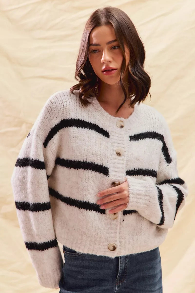 Striped Knit Cardigan – Button-Front Crew Neck Relaxed Fit
