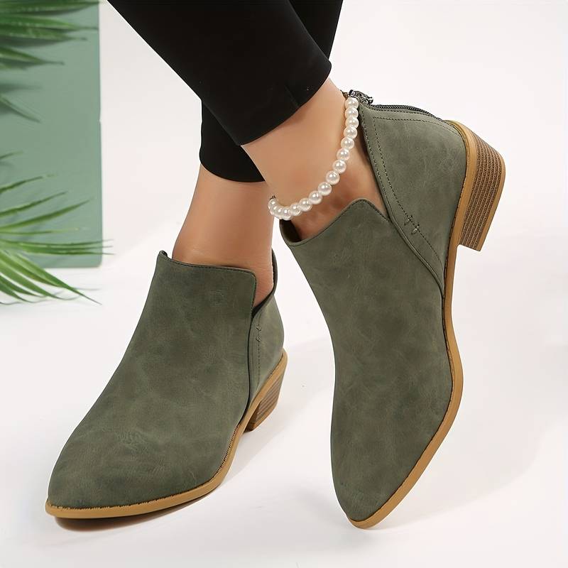 Pointed Toe Ankle Boots Block Heel – V-Cutout Back Zip Booties