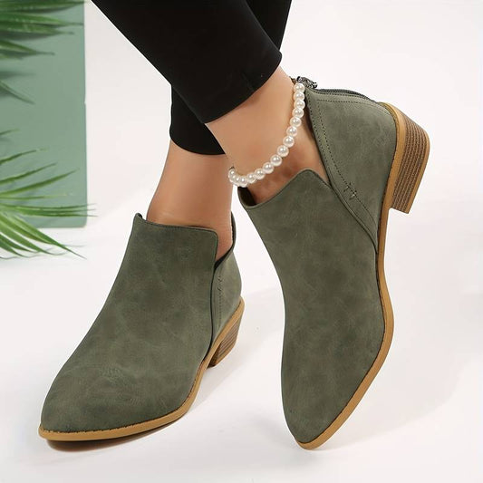 Pointed Toe Ankle Boots Block Heel – V-Cutout Back Zip Booties