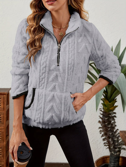 Sherpa Fleece Half-Zip Pullover – Textured Long Sleeve with Kangaroo Pocket