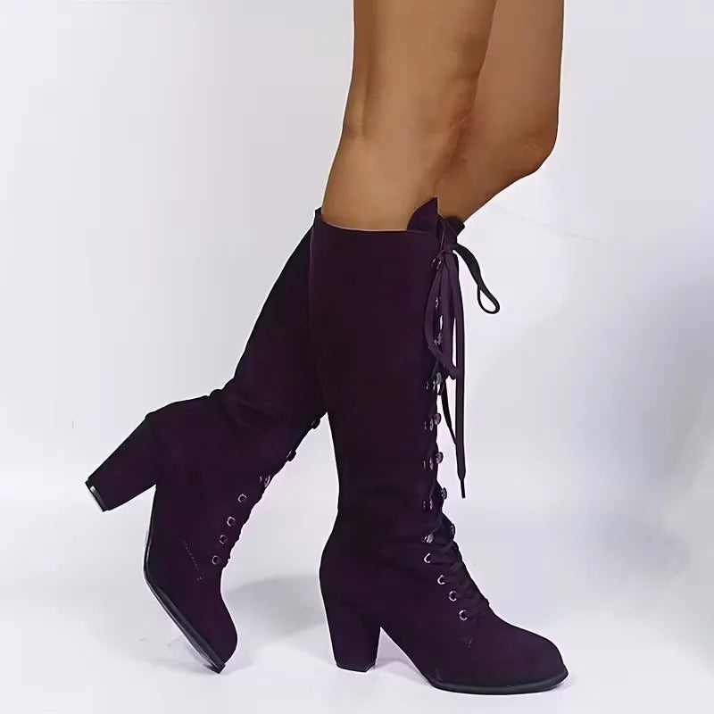 Lace-Up Knee-High Boots – Faux Suede Block Heel Round Toe