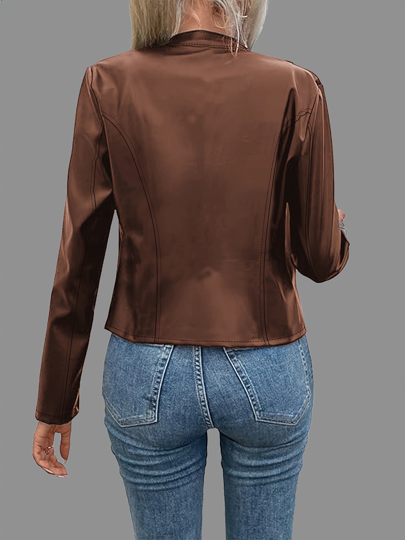 Faux Leather Cropped Moto Jacket – Stand Collar Zip-Up
