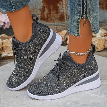 Rhinestone Knit Wedge Sneakers – Lace-Up Casual Platform Shoes
