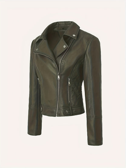 Faux Leather Moto Jacket – Asymmetric Zip Cropped Biker Jacket