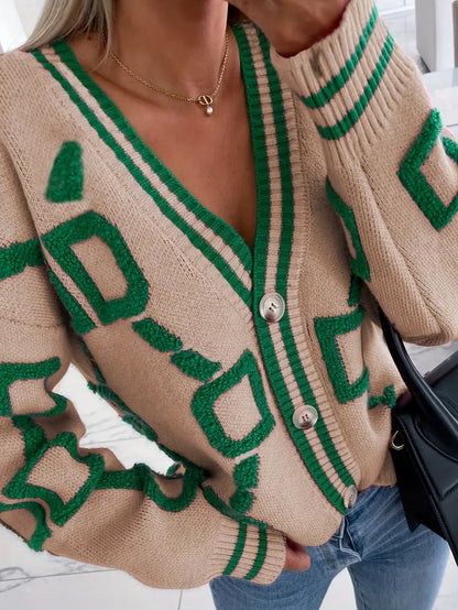 Geometric Knit Cardigan – V-Neck Button-Front Long Sleeve