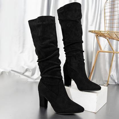 Slouchy Knee-High Block Heel Boots – Faux Suede Pointed Toe