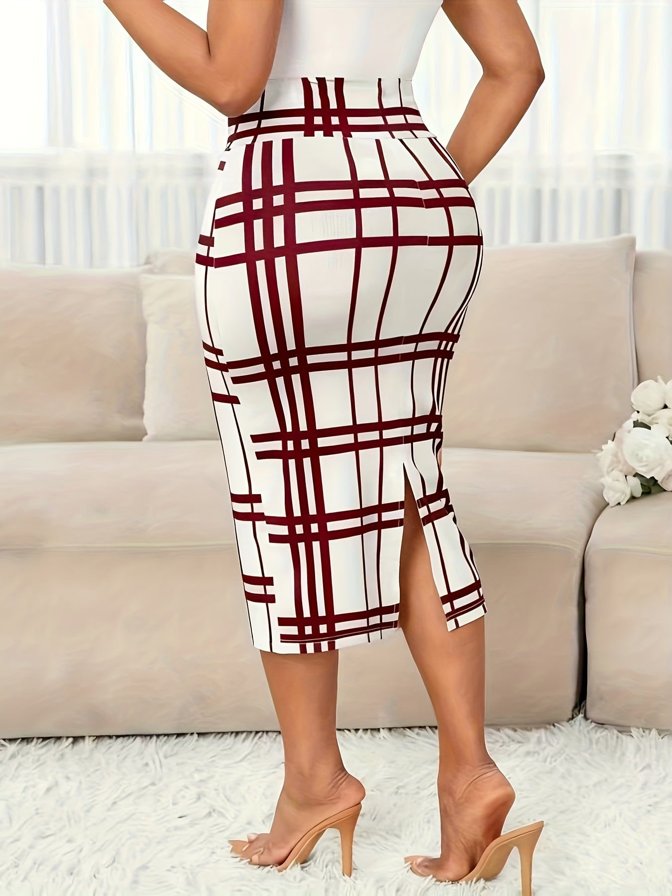 High-Waist Plaid Pencil Skirt – Bodycon Midi Work Skirt