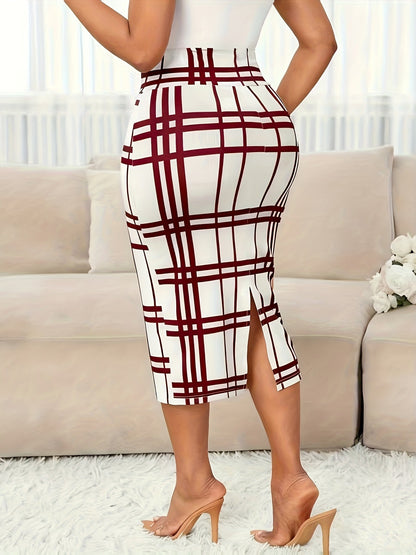 High-Waist Plaid Pencil Skirt – Bodycon Midi Work Skirt