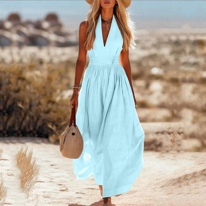 Linen Halter Neck Maxi Dress – Boho Flowy Sleeveless Summer Dress