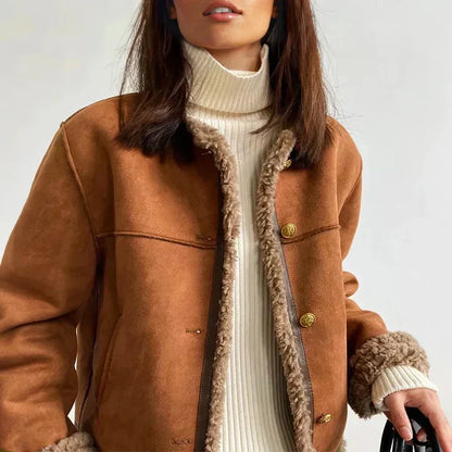Faux Suede Shearling Jacket – Sherpa Lined Cropped Winter Coat