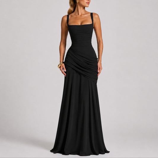 Ruched Square Neck Maxi Dress – Wedding Guest Formal Gown
