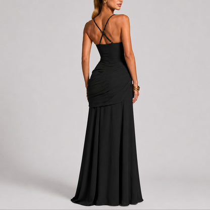 Ruched Square Neck Maxi Dress – Wedding Guest Formal Gown