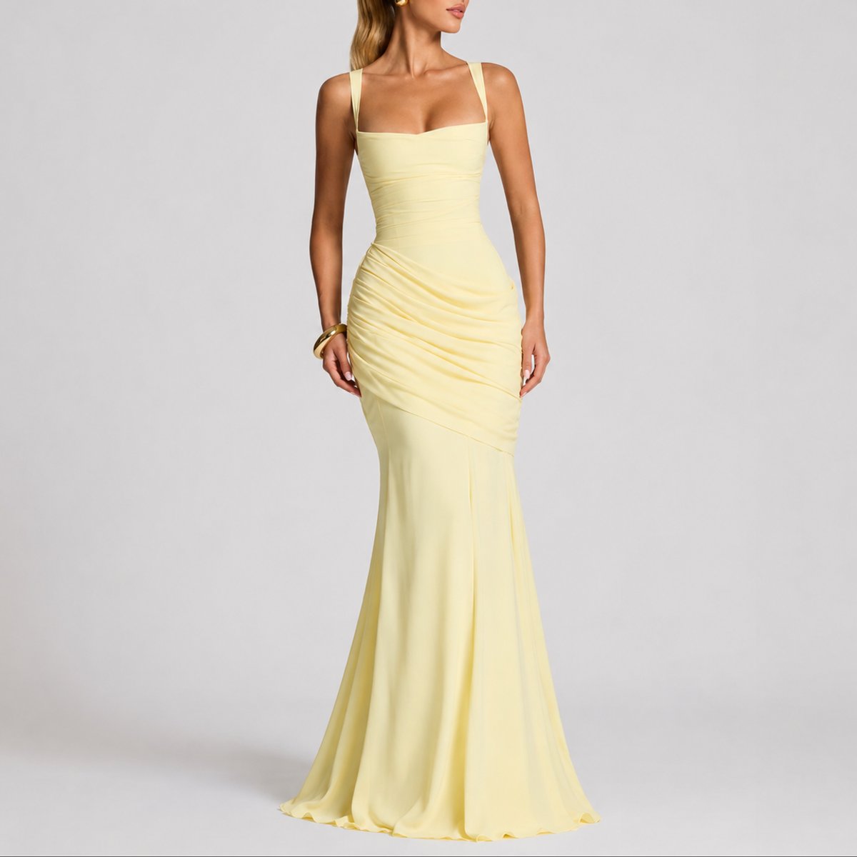 Ruched Square Neck Maxi Dress – Wedding Guest Formal Gown