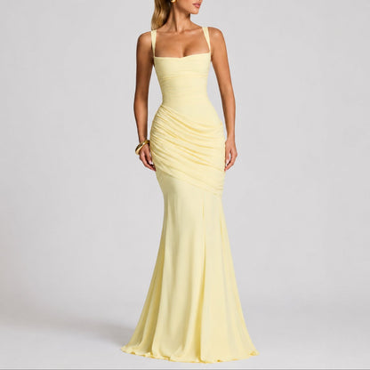 Ruched Square Neck Maxi Dress – Wedding Guest Formal Gown