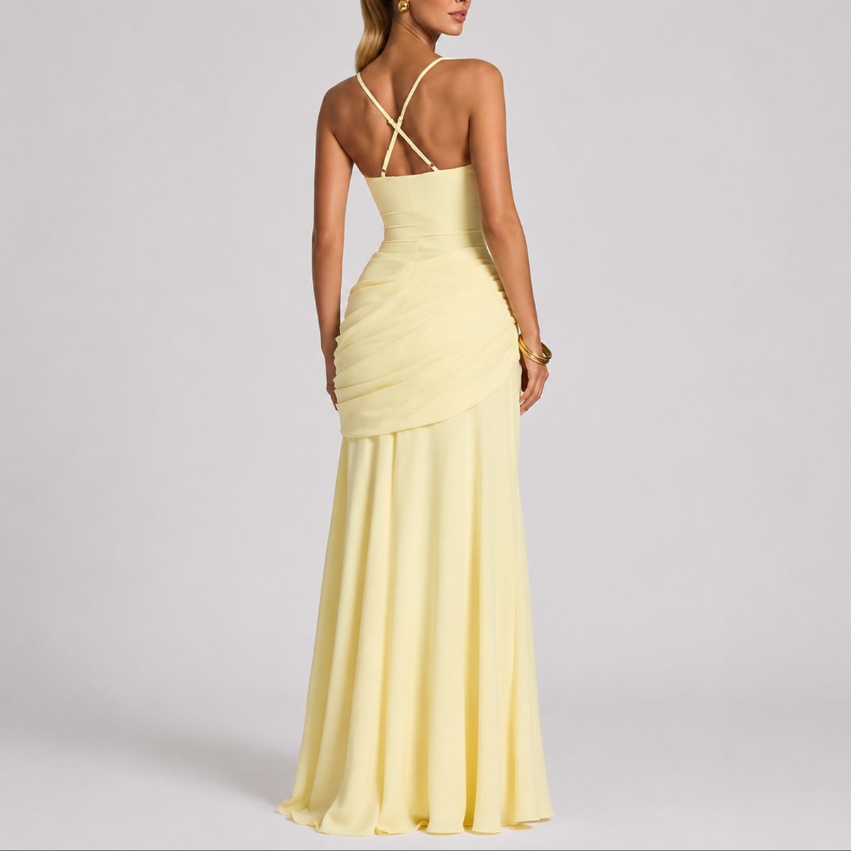 Ruched Square Neck Maxi Dress – Wedding Guest Formal Gown