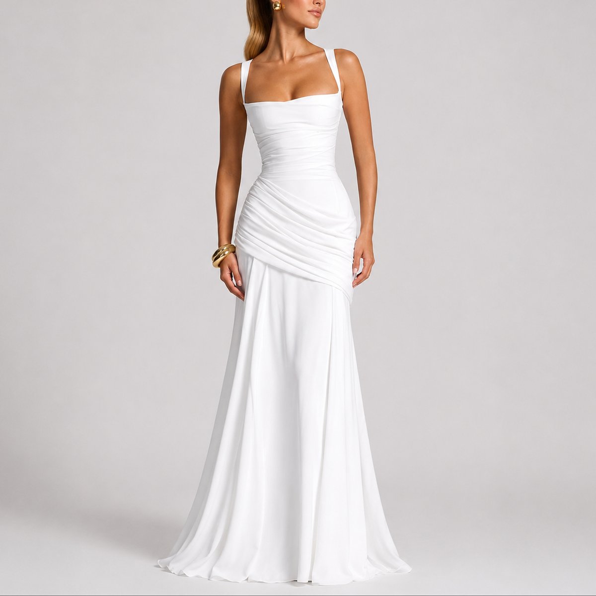 Ruched Square Neck Maxi Dress – Wedding Guest Formal Gown