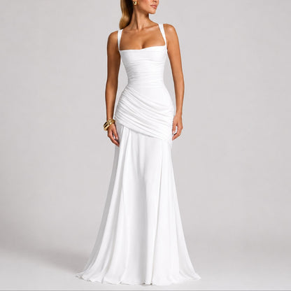 Ruched Square Neck Maxi Dress – Wedding Guest Formal Gown