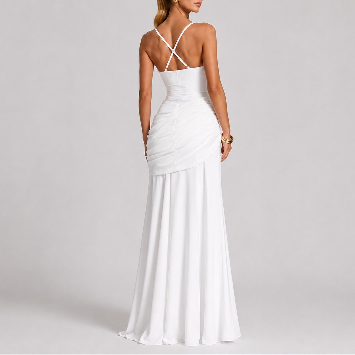 Ruched Square Neck Maxi Dress – Wedding Guest Formal Gown