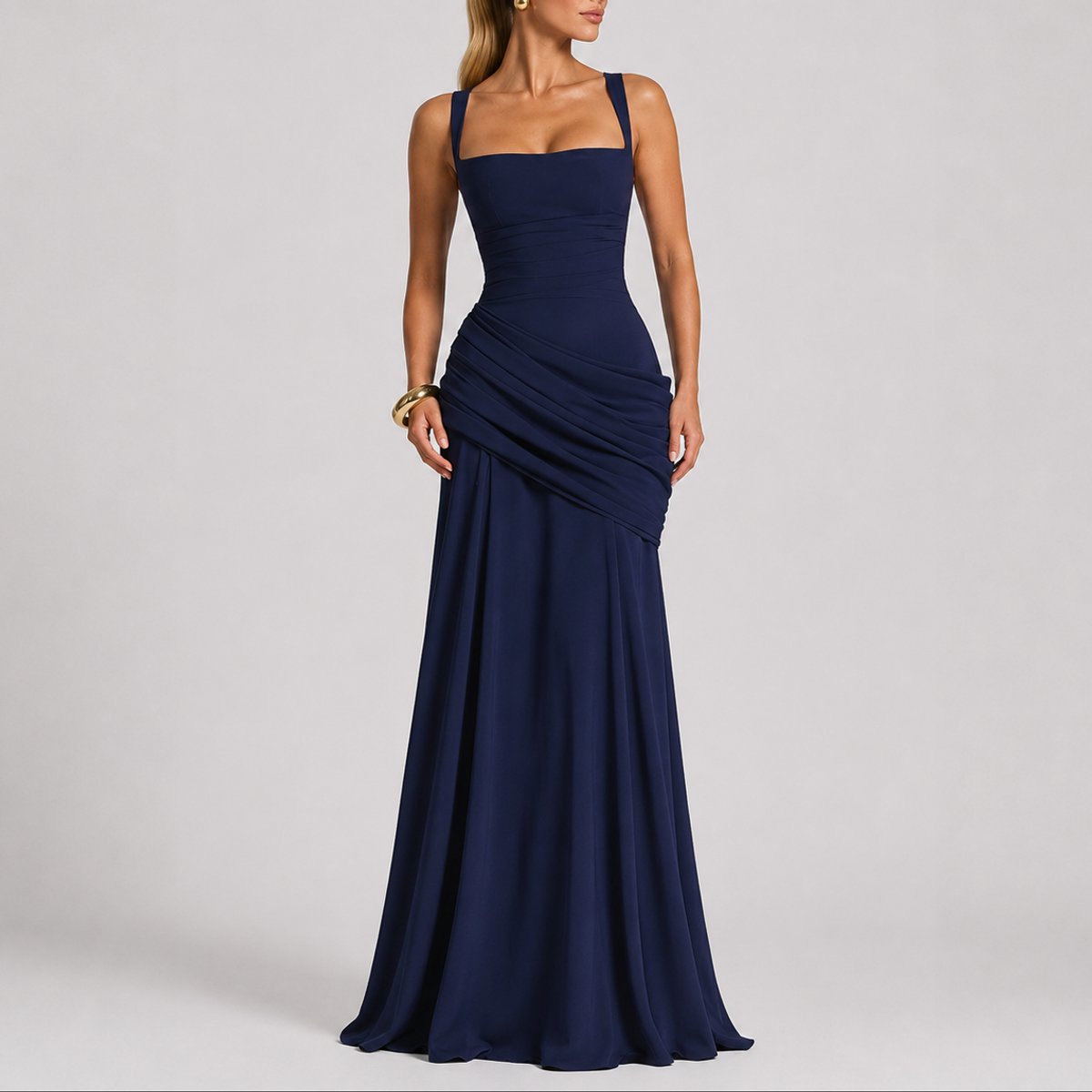 Ruched Square Neck Maxi Dress – Wedding Guest Formal Gown