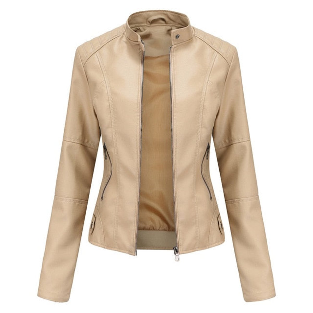 Faux Leather Moto Jacket – Cropped Slim Fit Stand Collar