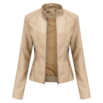 Faux Leather Moto Jacket – Cropped Slim Fit Stand Collar