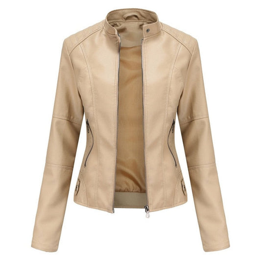 Faux Leather Moto Jacket – Cropped Slim Fit Stand Collar