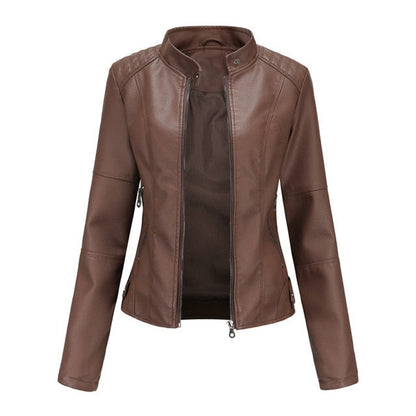 Faux Leather Moto Jacket – Cropped Slim Fit Stand Collar