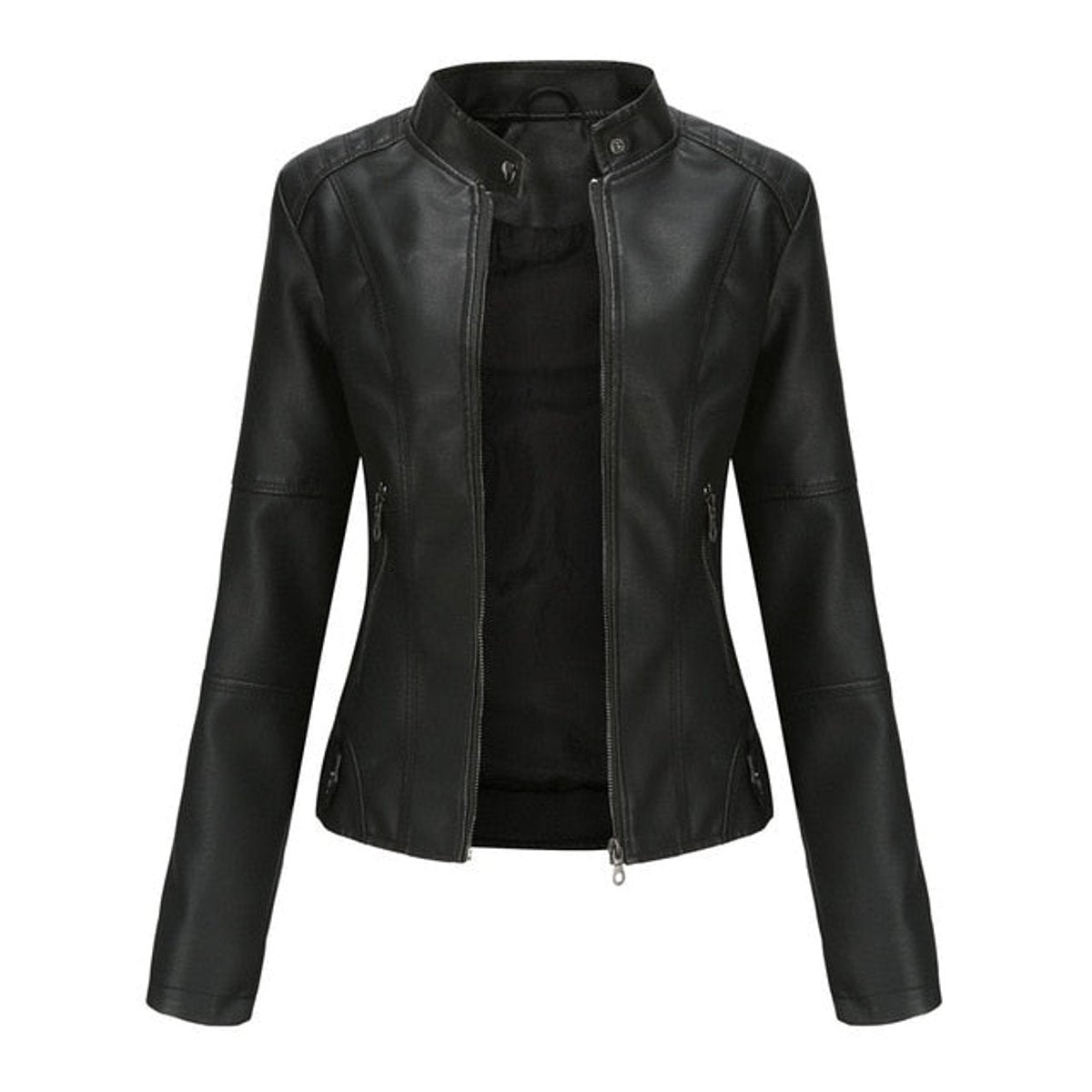 Faux Leather Moto Jacket – Cropped Slim Fit Stand Collar