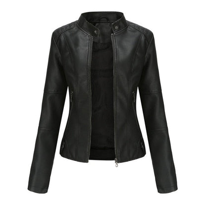 Faux Leather Moto Jacket – Cropped Slim Fit Stand Collar